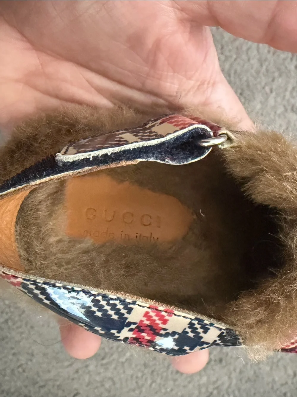 Gucci Kids Red Navy Plaid Fur-Trim Horsebit Clogs